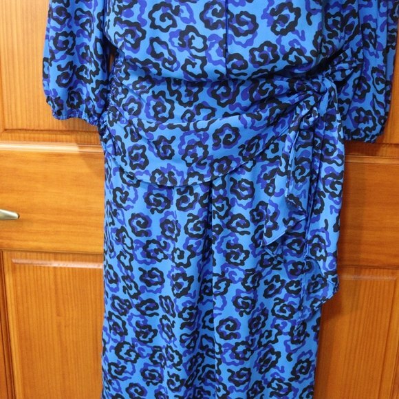 Vintage Royal Blue Black Floral Print Long Sleeve Knee Length Dress 1980s USA - Picture 4 of 15